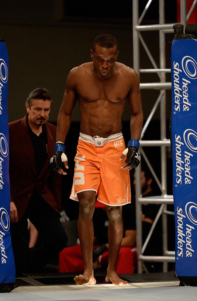 LAS VEGAS, NV - MAY 30: Team Werdum fighter Humberto Brown prepares to enter the Octagon before facing team Velasquez fighter Yair Rodriguez in their preliminary fight during filming of The Ultimate Fighter Latin America on May 30, 2014 in Las Vegas, Nev