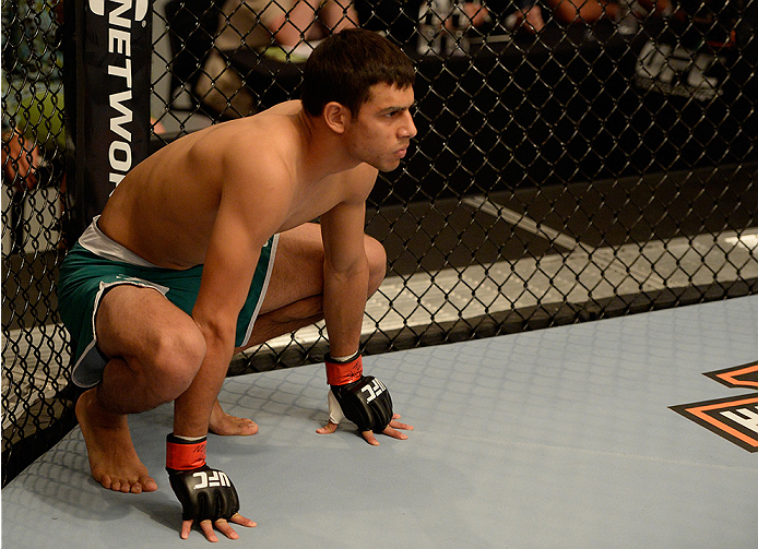 LAS VEGAS, NV - MAY 30: Team Velasquez fighter Yair Rodriguez enters the Octagon before facing team Werdum fighter Humberto Brown in their preliminary fight during filming of The Ultimate Fighter Latin America on May 30, 2014 in Las Vegas, Nevada. (Photo