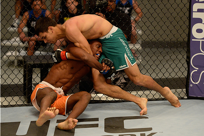 LAS VEGAS, NV - MAY 30: Team Velasquez fighter Yair Rodriguez attempts to take down team Werdum fighter Humberto Brown in their preliminary fight during filming of The Ultimate Fighter Latin America on May 30, 2014 in Las Vegas, Nevada. (Photo by Jeff Bo