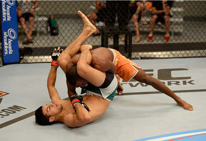 LAS VEGAS, NV - MAY 30: Team Velasquez fighter Yair Rodriguez attempts to submit team Werdum fighter Humberto Brown in their preliminary fight during filming of The Ultimate Fighter Latin America on May 30, 2014 in Las Vegas, Nevada. (Photo by Jeff Botta