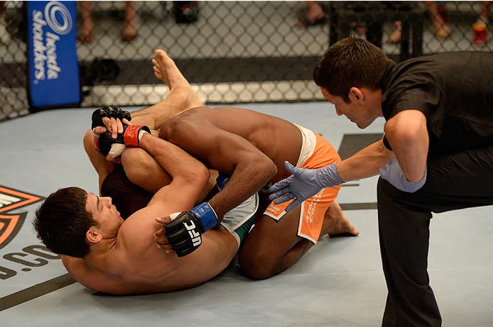 LAS VEGAS, NV - MAY 30: Team Velasquez fighter Yair Rodriguez attempts to submit team Werdum fighter Humberto Brown in their preliminary fight during filming of The Ultimate Fighter Latin America on May 30, 2014 in Las Vegas, Nevada. (Photo by Jeff Botta