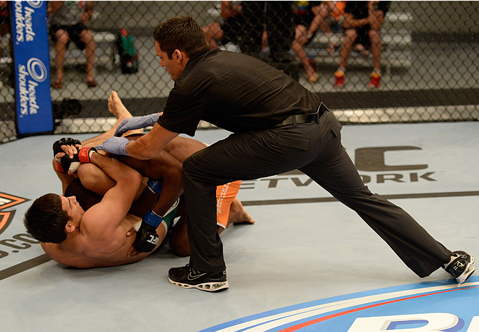 LAS VEGAS, NV - MAY 30: Team Velasquez fighter Yair Rodriguez submits team Werdum fighter Humberto Brown in their preliminary fight during filming of The Ultimate Fighter Latin America on May 30, 2014 in Las Vegas, Nevada. (Photo by Jeff Bottari/Zuffa LL