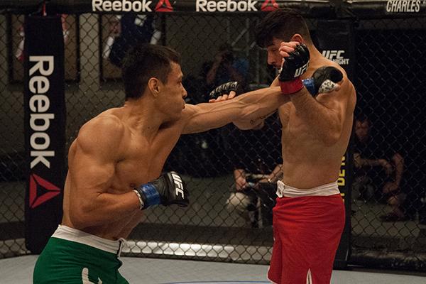 LAS VEGAS, NV - APRIL 14:  (L-R) Christhian Soto punches Polo Reyes during the filming of The Ultimate Fighter Latin America: Team Gastelum vs Team Escudero  on April 14, 2015 in Las Vegas, Nevada. (Photo by Brandon Magnus/Zuffa LLC/Zuffa LLC via Getty Im