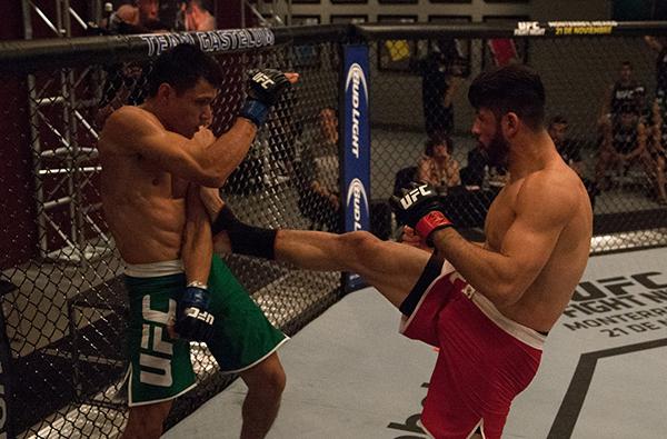 LAS VEGAS, NV - APRIL 14: (R-L) Polo Reyes kicks Christhian Soto during the filming of The Ultimate Fighter Latin America: Team Gastelum vs Team Escudero on April 14, 2015 in Las Vegas, Nevada. (Photo by Brandon Magnus/Zuffa LLC/Zuffa LLC via Getty Imag