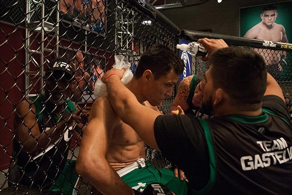 LAS VEGAS, NV - APRIL 14: Christhian Soto receives advice from his corner in between rounds while facing Polo Reyes during the filming of The Ultimate Fighter Latin America: Team Gastelum vs Team Escudero on April 14, 2015 in Las Vegas, Nevada. (Photo b