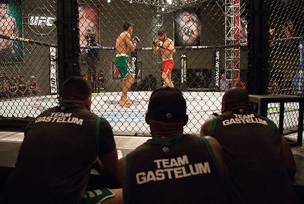LAS VEGAS, NV - APRIL 14: Team Gastelum's coaches watch as Christhian Soto circles Polo Reyes during the filming of The Ultimate Fighter Latin America: Team Gastelum vs Team Escudero on April 14, 2015 in Las Vegas, Nevada. (Photo by Brandon Magnus/Zuff