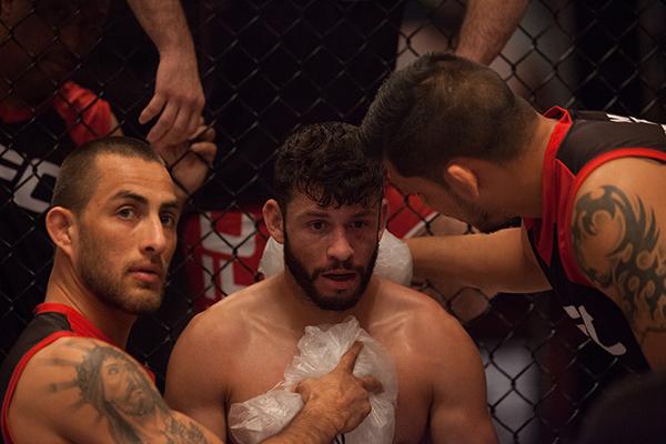 LAS VEGAS, NV - APRIL 14: Polo Reyes receives advice from his corner in between rounds while facing Christhian Soto during the filming of The Ultimate Fighter Latin America: Team Gastelum vs Team Escudero on April 14, 2015 in Las Vegas, Nevada. (Photo b