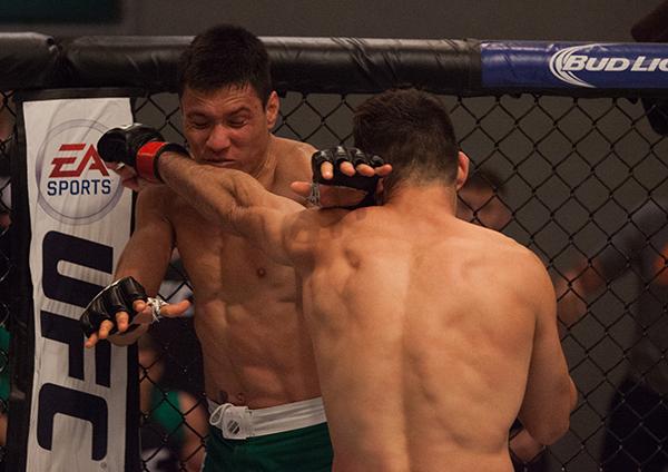 LAS VEGAS, NV - APRIL 14: (R-L) Polo Reyes punches Christhian Soto during the filming of The Ultimate Fighter Latin America: Team Gastelum vs Team Escudero on April 14, 2015 in Las Vegas, Nevada. (Photo by Brandon Magnus/Zuffa LLC/Zuffa LLC via Getty Im
