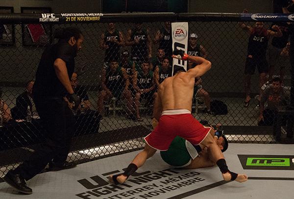 LAS VEGAS, NV - APRIL 14:  Polo Reyes (top) punches Christhian Soto during the filming of The Ultimate Fighter Latin America: Team Gastelum vs Team Escudero  on April 14, 2015 in Las Vegas, Nevada. (Photo by Brandon Magnus/Zuffa LLC/Zuffa LLC via Getty Im