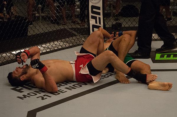 LAS VEGAS, NV - APRIL 14:  (L-R) Polo Reyes lets go of Christhian Soto at the end of their fight during the filming of The Ultimate Fighter Latin America: Team Gastelum vs Team Escudero  on April 14, 2015 in Las Vegas, Nevada. (Photo by Brandon Magnus/Zuf