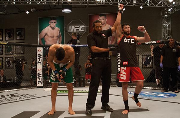 LAS VEGAS, NV - APRIL 14: (R-L) Polo Reyes celebrates his victory over Christhian Soto during the filming of The Ultimate Fighter Latin America: Team Gastelum vs Team Escudero on April 14, 2015 in Las Vegas, Nevada. (Photo by Brandon Magnus/Zuffa LLC/Zu