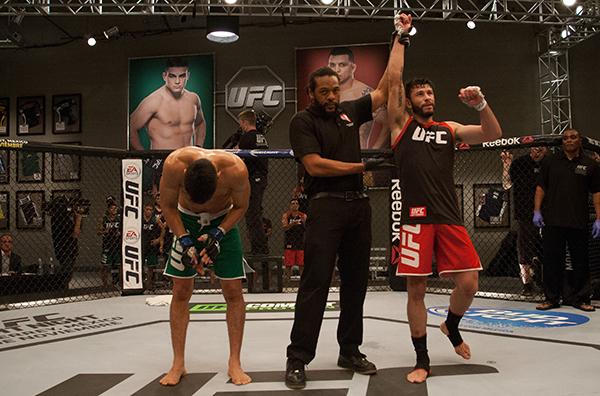 LAS VEGAS, NV - APRIL 14:  (R-L) Polo Reyes celebrates his victory over Christhian Soto during the filming of The Ultimate Fighter Latin America: Team Gastelum vs Team Escudero  on April 14, 2015 in Las Vegas, Nevada. (Photo by Brandon Magnus/Zuffa LLC/Zu