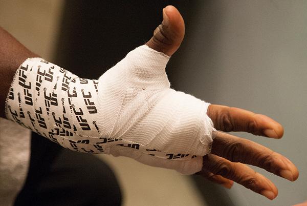LAS VEGAS, NV - APRIL 14: Wilmer Fernandez gets his hands wrapped before facing Vernon Ramos during the filming of The Ultimate Fighter Latin America: Team Gastelum vs Team Escudero on April 14, 2015 in Las Vegas, Nevada. (Photo by Brandon Magnus/Zuffa