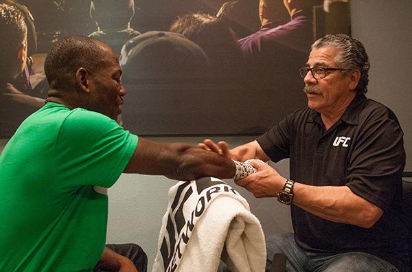 LAS VEGAS, NV - APRIL 14: Wilmer Fernandez gets his hands wrapped before facing Vernon Ramos during the filming of The Ultimate Fighter Latin America: Team Gastelum vs Team Escudero on April 14, 2015 in Las Vegas, Nevada. (Photo by Brandon Magnus/Zuffa