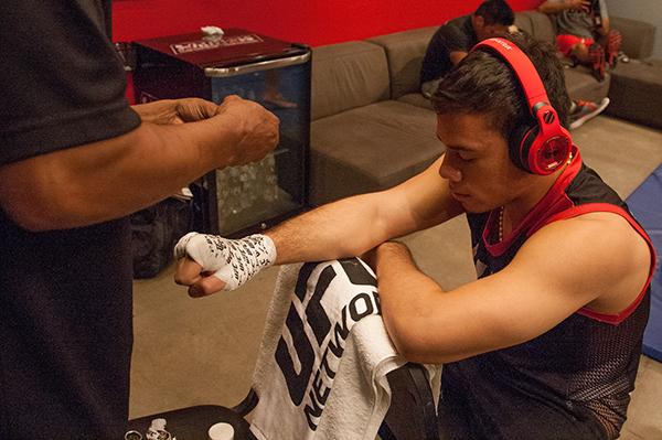 LAS VEGAS, NV - APRIL 14: Vernon Ramos gets his hands wrapped before facing Wilmer Fernandez during the filming of The Ultimate Fighter Latin America: Team Gastelum vs Team Escudero on April 14, 2015 in Las Vegas, Nevada. (Photo by Brandon Magnus/Zuffa