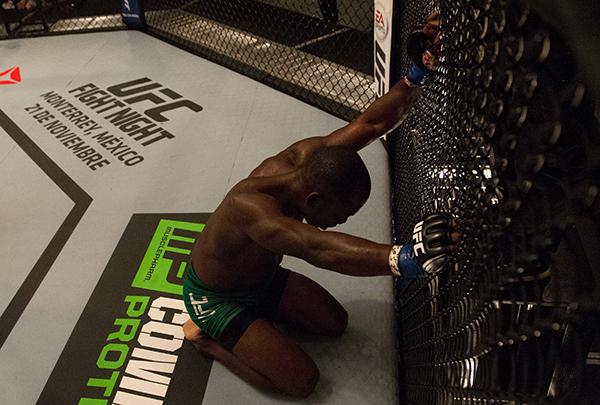 LAS VEGAS, NV - APRIL 14: Wilmer Fernandez reacts after being accidentally kicked in the groin by Vernon Ramos during the filming of The Ultimate Fighter Latin America: Team Gastelum vs Team Escudero on April 14, 2015 in Las Vegas, Nevada. (Photo by Bra
