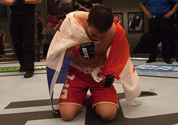 LAS VEGAS, NV - APRIL 14: Vernon Ramos celebrates his victory over Wilmer Fernandez during the filming of The Ultimate Fighter Latin America: Team Gastelum vs Team Escudero on April 14, 2015 in Las Vegas, Nevada. (Photo by Brandon Magnus/Zuffa LLC/Zuffa