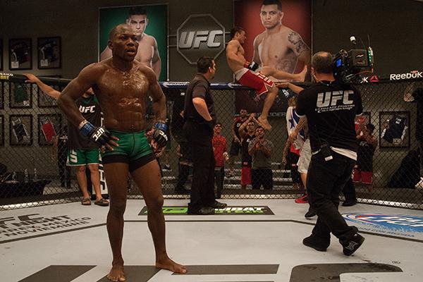 LAS VEGAS, NV - APRIL 14: (R-L) Vernon Ramos celebrates his victory over Wilmer Fernandez during the filming of The Ultimate Fighter Latin America: Team Gastelum vs Team Escudero on April 14, 2015 in Las Vegas, Nevada. (Photo by Brandon Magnus/Zuffa LLC