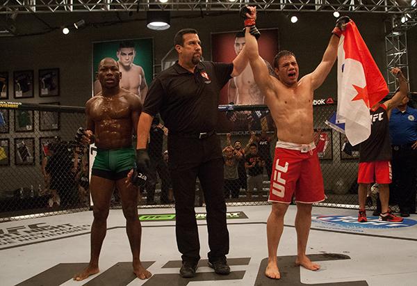LAS VEGAS, NV - APRIL 14: (R-L) Vernon Ramos celebrates his victory over Wilmer Fernandez during the filming of The Ultimate Fighter Latin America: Team Gastelum vs Team Escudero on April 14, 2015 in Las Vegas, Nevada. (Photo by Brandon Magnus/Zuffa LLC