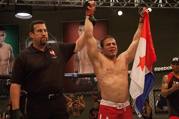 LAS VEGAS, NV - APRIL 14: Vernon Ramos celebrates his victory over Wilmer Fernandez during the filming of The Ultimate Fighter Latin America: Team Gastelum vs Team Escudero on April 14, 2015 in Las Vegas, Nevada. (Photo by Brandon Magnus/Zuffa LLC/Zuffa