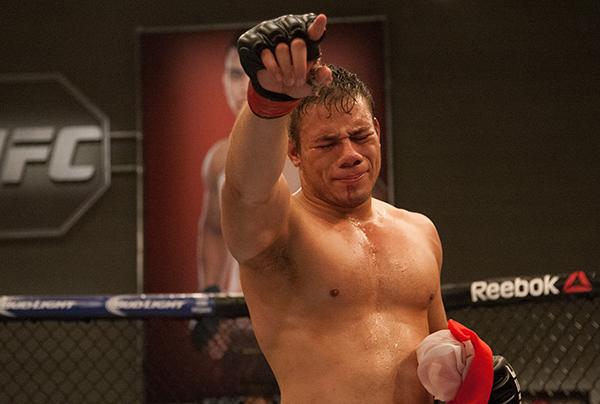 LAS VEGAS, NV - APRIL 14: Vernon Ramos celebrates his victory over Wilmer Fernandez during the filming of The Ultimate Fighter Latin America: Team Gastelum vs Team Escudero on April 14, 2015 in Las Vegas, Nevada. (Photo by Brandon Magnus/Zuffa LLC/Zuffa