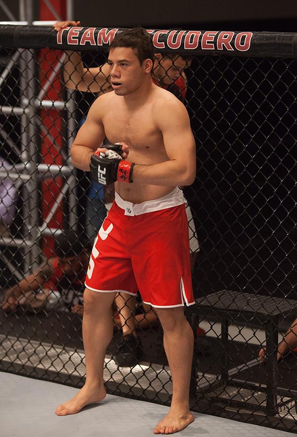 LAS VEGAS, NV - APRIL 14: Vernon Ramos prepares for the round to begin before facing Wilmer Fernandez during the filming of The Ultimate Fighter Latin America: Team Gastelum vs Team Escudero on April 14, 2015 in Las Vegas, Nevada. (Photo by Brandon Magn