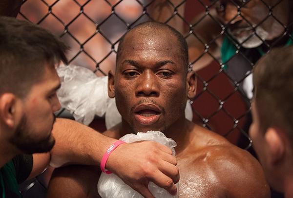 LAS VEGAS, NV - APRIL 14: Wilmer Fernandez receives advice from his corner in between rounds while facing Vernon Ramos during the filming of The Ultimate Fighter Latin America: Team Gastelum vs Team Escudero on April 14, 2015 in Las Vegas, Nevada. (Phot