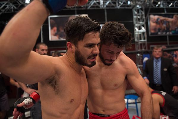 LAS VEGAS, NV - APRIL 21: (L-R) Horacio Gutrierrez celebrates his victory over Polo Reyes in their semi-finals fight during the filming of The Ultimate Fighter Latin America: Team Gastelum vs Team Escudero on April 21, 2015 in Las Vegas, Nevada. (Photo b
