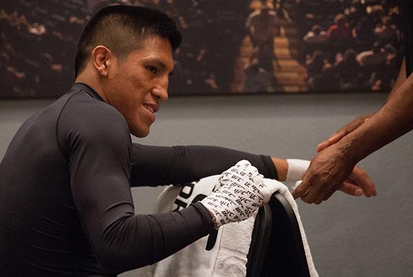 LAS VEGAS, NV - APRIL 7: Enrique Barzola gets his hands wrapped before facing Jonathan Ortega during the filming of The Ultimate Fighter Latin America: Team Gastelum vs Team Escudero on April 7, 2015 in Las Vegas, Nevada. (Photo by Brandon Magnus/Zuffa