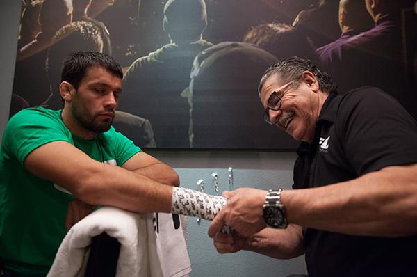 LAS VEGAS, NV - APRIL 7: Jonathan Ortega gets his hands wrapped before facing Enrique Barzola during the filming of The Ultimate Fighter Latin America: Team Gastelum vs Team Escudero on April 7, 2015 in Las Vegas, Nevada. (Photo by Brandon Magnus/Zuffa
