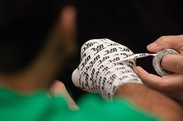 LAS VEGAS, NV - APRIL 7: Jonathan Ortega gets his hands wrapped before facing Enrique Barzola during the filming of The Ultimate Fighter Latin America: Team Gastelum vs Team Escudero on April 7, 2015 in Las Vegas, Nevada. (Photo by Brandon Magnus/Zuffa