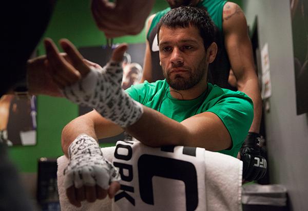 LAS VEGAS, NV - APRIL 7: Jonathan Ortega gets his hands wrapped before facing Enrique Barzola during the filming of The Ultimate Fighter Latin America: Team Gastelum vs Team Escudero on April 7, 2015 in Las Vegas, Nevada. (Photo by Brandon Magnus/Zuffa