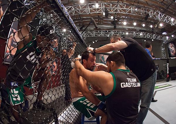 LAS VEGAS, NV - APRIL 7: Jonathan Ortega receives advice from his corner while facing Enrique Barzola during the filming of The Ultimate Fighter Latin America: Team Gastelum vs Team Escudero on April 7, 2015 in Las Vegas, Nevada. (Photo by Brandon Magnu