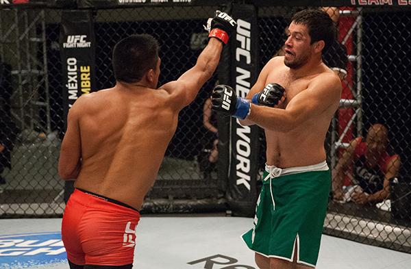 LAS VEGAS, NV - APRIL 7: (L-R) Enrique Barzola punches Jonathan Ortega during the filming of The Ultimate Fighter Latin America: Team Gastelum vs Team Escudero on April 7, 2015 in Las Vegas, Nevada. (Photo by Brandon Magnus/Zuffa LLC/Zuffa LLC via Getty