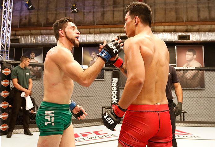 BUENOS AIRES, ARGENTINA - MAY 20: (L-R) Santiago Cardenas shakes hands with Pablo Sabori after their fight during the filming of The Ultimate Fighter Latin America: Team Liddell vs Team Griffin on May 20, 2016 in Buenos Aires, Argentina. (Photo by Gabrie