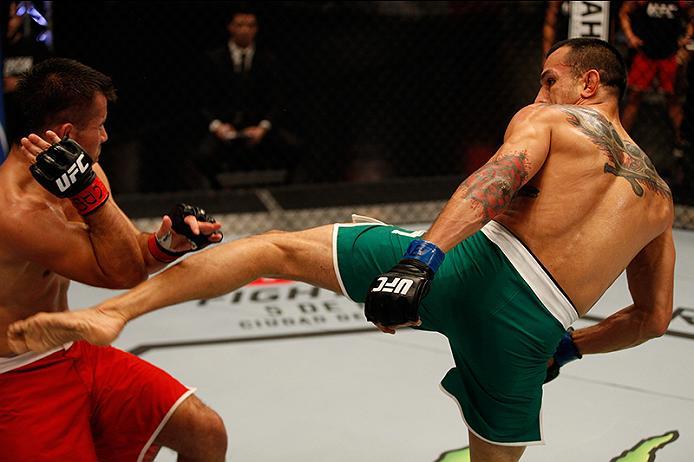 BUENOS AIRES, ARGENTINA - JUNE 3: (R-L) Leonardo Rodriguez kicks Walter Zamora during the filming of The Ultimate Fighter Latin America: Team Liddell vs Team Griffin on June 3, 2016 in Buenos Aires, Argentina. (Photo by Gabriel Rossi/Zuffa LLC/Zuffa LLC