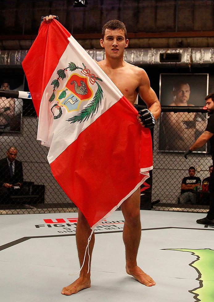 BUENOS AIRES, ARGENTINA - JUNE 3: Claudio Puelles celebrates his victory over Pablo Sabori during the filming of The Ultimate Fighter Latin America: Team Liddell vs Team Griffin on June 3, 2016 in Buenos Aires, Argentina. (Photo by Gabriel Rossi/Zuffa LL