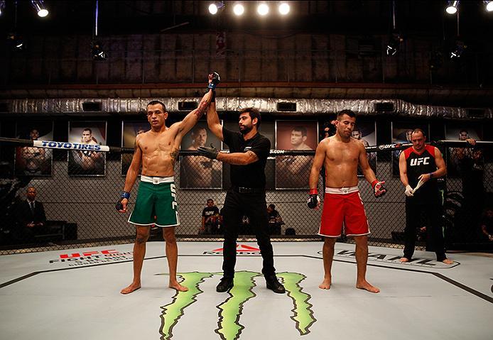 BUENOS AIRES, ARGENTINA - JUNE 3: (L-R) Leonardo Rodriguez celebrates his victory over Walter Zamora during the filming of The Ultimate Fighter Latin America: Team Liddell vs Team Griffin on June 3, 2016 in Buenos Aires, Argentina. (Photo by Gabriel Ross