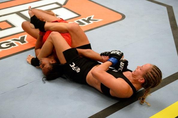 LAS VEGAS, NV - MAY 29: Revelina Berto (L) gets put in an arm bar by Jessica Rakoczy in their elimination fight during filming of season eighteen of The Ultimate Fighter on May 29, 2013 in Las Vegas, Nevada. (Photo by Al Powers/Zuffa LLC/Zuffa LLC via Ge