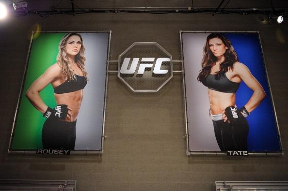 LAS VEGAS, NV - MAY 30: A general view of photos hanging of the opposing coaches Ronda Rousey and Miesha Tate during filming of season eighteen of The Ultimate Fighter on May 30, 2013 in Las Vegas, Nevada. (Photo by Al Powers/Zuffa LLC/Zuffa LLC via Gett