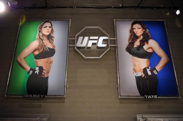 LAS VEGAS, NV - MAY 30:  A general view of photos hanging of the opposing coaches Ronda Rousey and Miesha Tate during filming of season eighteen of The Ultimate Fighter on May 30, 2013 in Las Vegas, Nevada. (Photo by Al Powers/Zuffa LLC/Zuffa LLC via Gett