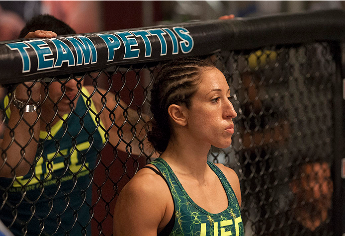 LAS VEGAS, NV - JULY 15:  Team Pettis fighter Jessica Penne enters the Octagon before facing team Melendez fighter Lisa Ellis during filming of season twenty of The Ultimate Fighter on July 15, 2014 in Las Vegas, Nevada. (Photo by Brandon Magnus/Zuffa LLC