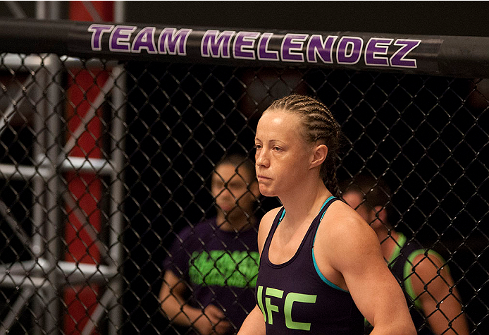 LAS VEGAS, NV - JULY 15: Team Melendez fighter Lisa Ellis enters the Octagon before facing team Pettis fighter Jessica Penne during filming of season twenty of The Ultimate Fighter on July 15, 2014 in Las Vegas, Nevada. (Photo by Brandon Magnus/Zuffa LLC