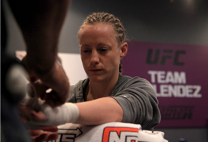 LAS VEGAS, NV - JULY 15:  Team Melendez fighter Lisa Ellis gets her hands wrapped before facing team Pettis fighter Jessica Penne during filming of season twenty of The Ultimate Fighter on July 15, 2014 in Las Vegas, Nevada. (Photo by Brandon Magnus/Zuffa