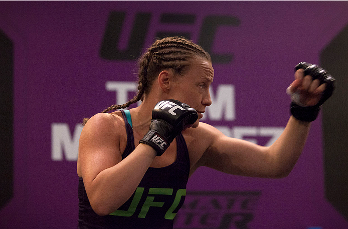 LAS VEGAS, NV - JULY 15:  Team Melendez fighter Lisa Ellis warms up before facing team Pettis fighter Jessica Penne during filming of season twenty of The Ultimate Fighter on July 15, 2014 in Las Vegas, Nevada. (Photo by Brandon Magnus/Zuffa LLC/Zuffa LLC