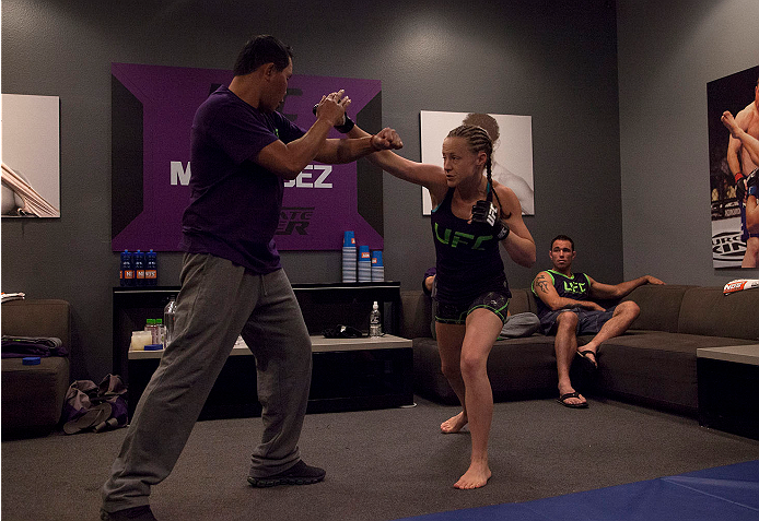 LAS VEGAS, NV - JULY 15:  Team Melendez fighter Lisa Ellis warms up before facing team Pettis fighter Jessica Penne during filming of season twenty of The Ultimate Fighter on July 15, 2014 in Las Vegas, Nevada. (Photo by Brandon Magnus/Zuffa LLC/Zuffa LLC