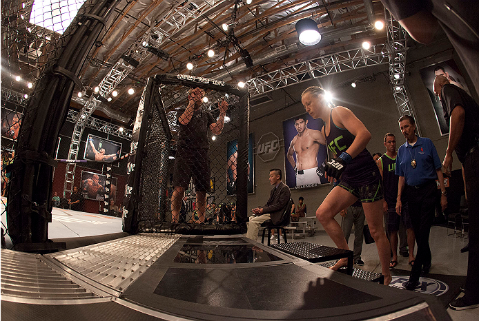 LAS VEGAS, NV - JULY 15:  Team Melendez fighter Lisa Ellis prepares to enter the Octagon before facing team Pettis fighter Jessica Penne during filming of season twenty of The Ultimate Fighter on July 15, 2014 in Las Vegas, Nevada. (Photo by Brandon Magnu