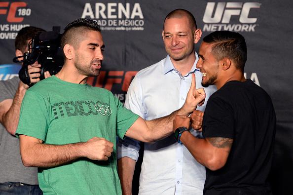 MEXICO CITY, MEXICO - NOVEMBER 13: Ricardo Lamas (L) and Dennis Bermudez face off during the UFC 180 Ultimate Media Day at the Camino Real Polanco Mexico on November 13, 2014 in Mexico City, Mexico. (Photo by Jeff Bottari/Zuffa LLC/Zuffa LLC via Getty Im