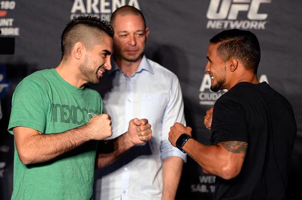 MEXICO CITY, MEXICO - NOVEMBER 13: Ricardo Lamas (L) and Dennis Bermudez face off during the UFC 180 Ultimate Media Day at the Camino Real Polanco Mexico on November 13, 2014 in Mexico City, Mexico. (Photo by Jeff Bottari/Zuffa LLC/Zuffa LLC via Getty Im