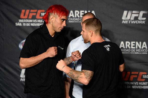 MEXICO CITY, MEXICO - NOVEMBER 13: Augusto 'Dodger' Montano and Chris Heatherly face off during the UFC 180 Ultimate Media Day at the Camino Real Polanco Mexico on November 13, 2014 in Mexico City, Mexico. (Photo by Jeff Bottari/Zuffa LLC/Zuffa LLC via G